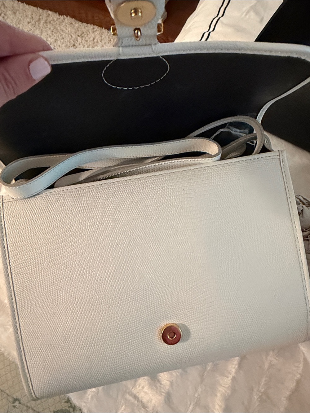 White Leather Clutch Crossbody Bag with Gold Buckle - Picture 4 of 8